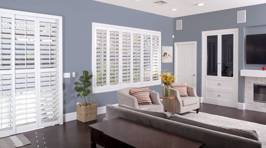 Faux Wood Shutters In blue Charlotte Living Room